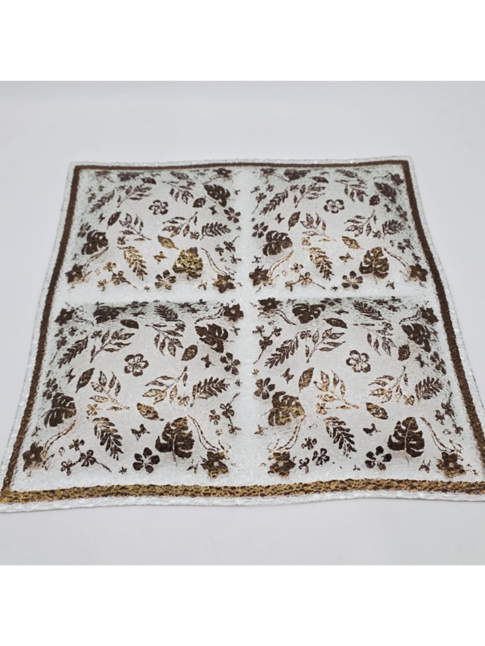 MCM Golden Foliage Divided Textured Glass Tray 4 Sections Large 16" x 16" - Picture 10 of 11